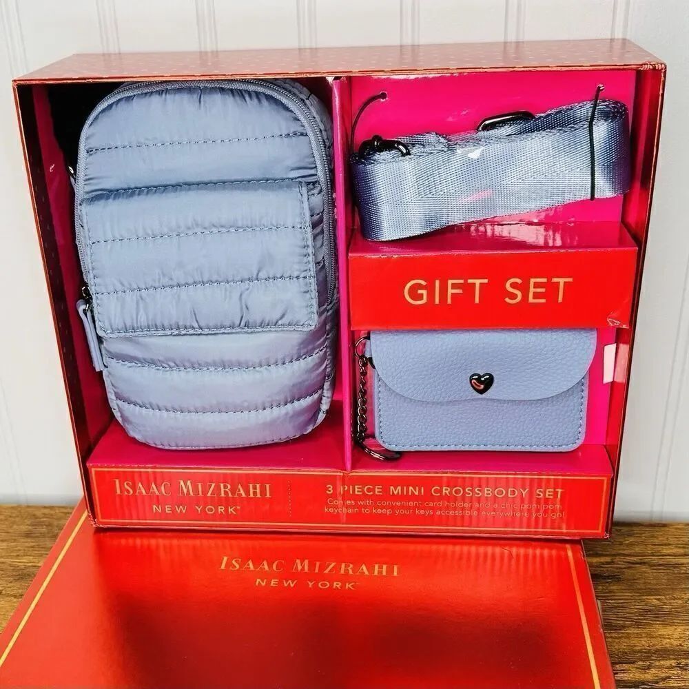 ISAAC MIZRAHI 3 Piece Women’s Mini Crossbody Card Holder Key Chain Set Blue NIB